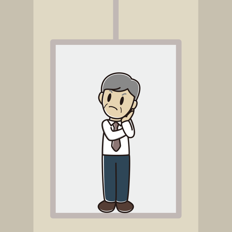 エレベーターで考える年配男性会社員（ワイシャツ）のイラスト【色、背景あり】PNG