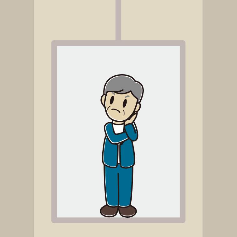 エレベーターで考える年配男性会社員（カジュアル）のイラスト【色、背景あり】PNG