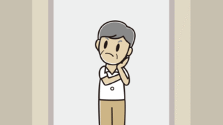 エレベーターで考える年配男性会社員（クールビズ）のイラスト【色、背景あり】PNG