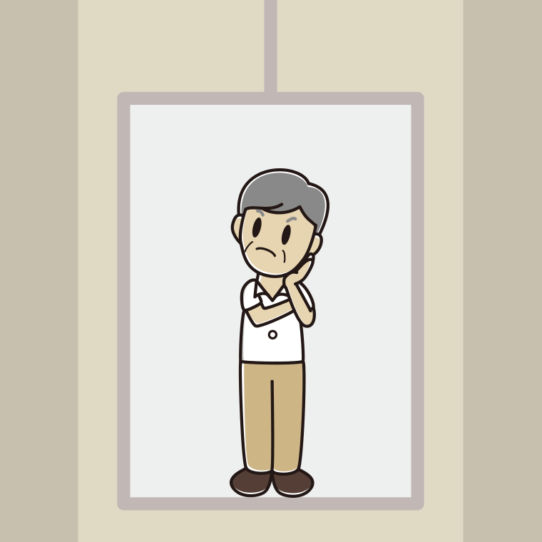 エレベーターで考える年配男性会社員（クールビズ）のイラスト【色、背景あり】PNG