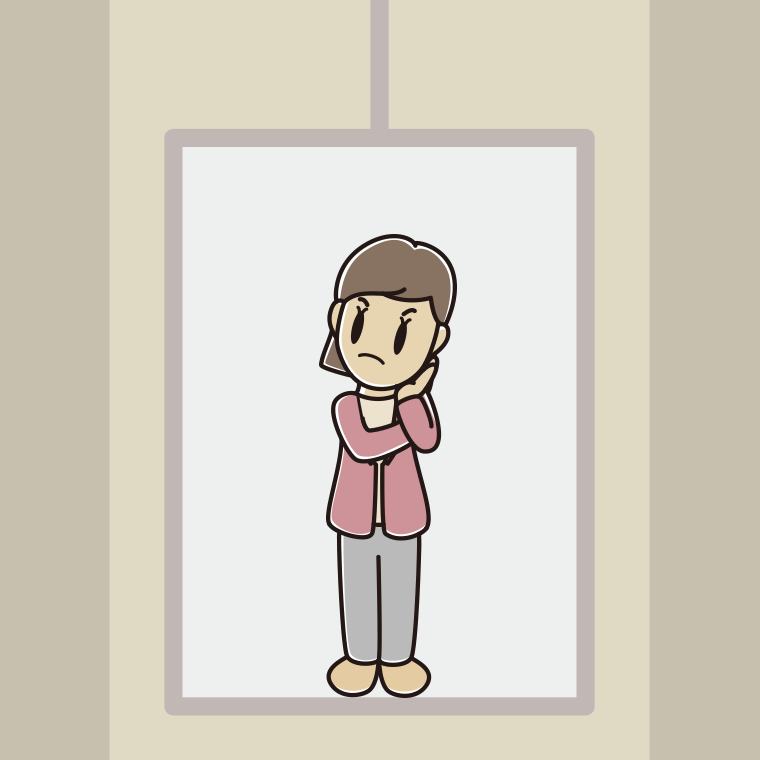 エレベーターで考える女性会社員（カジュアル）のイラスト【色、背景あり】PNG