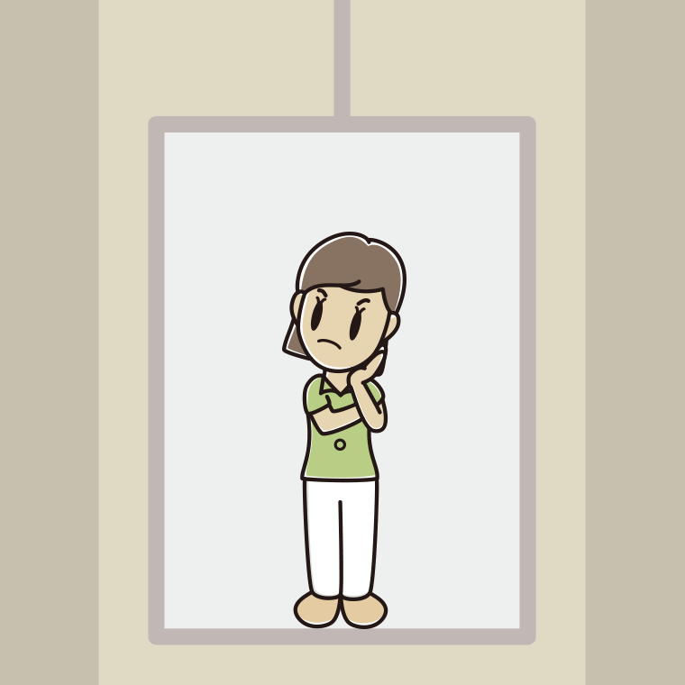 エレベーターで考える女性会社員（クールビズ）のイラスト【色、背景あり】PNG