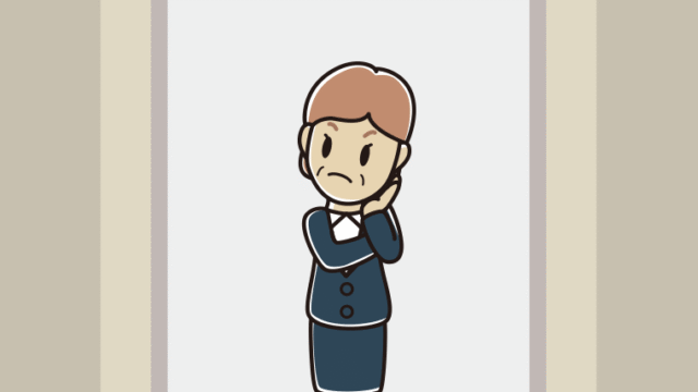 エレベーターで考える年配女性会社員のイラスト【色、背景あり】PNG