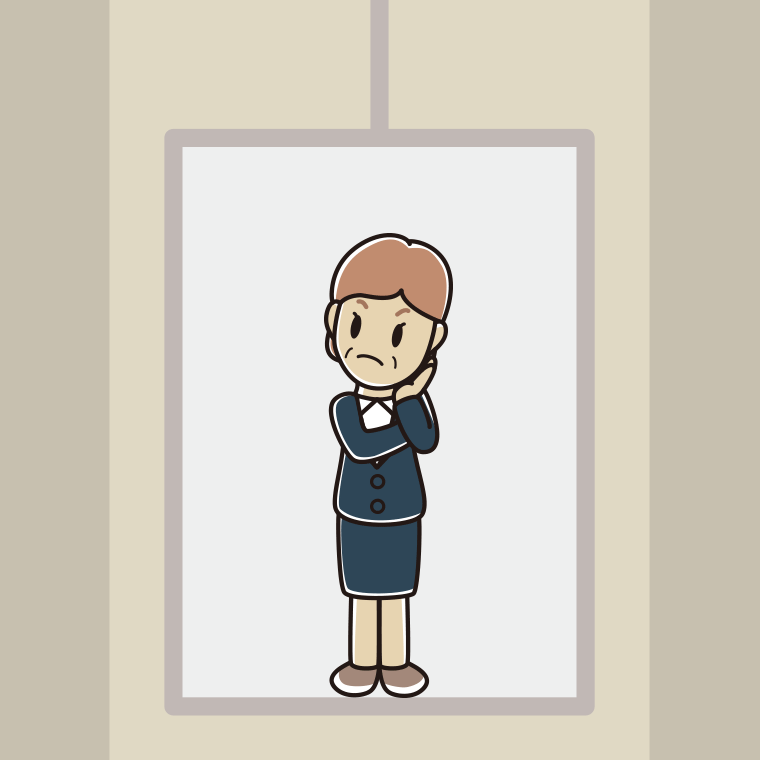 エレベーターで考える年配女性会社員のイラスト【色、背景あり】PNG