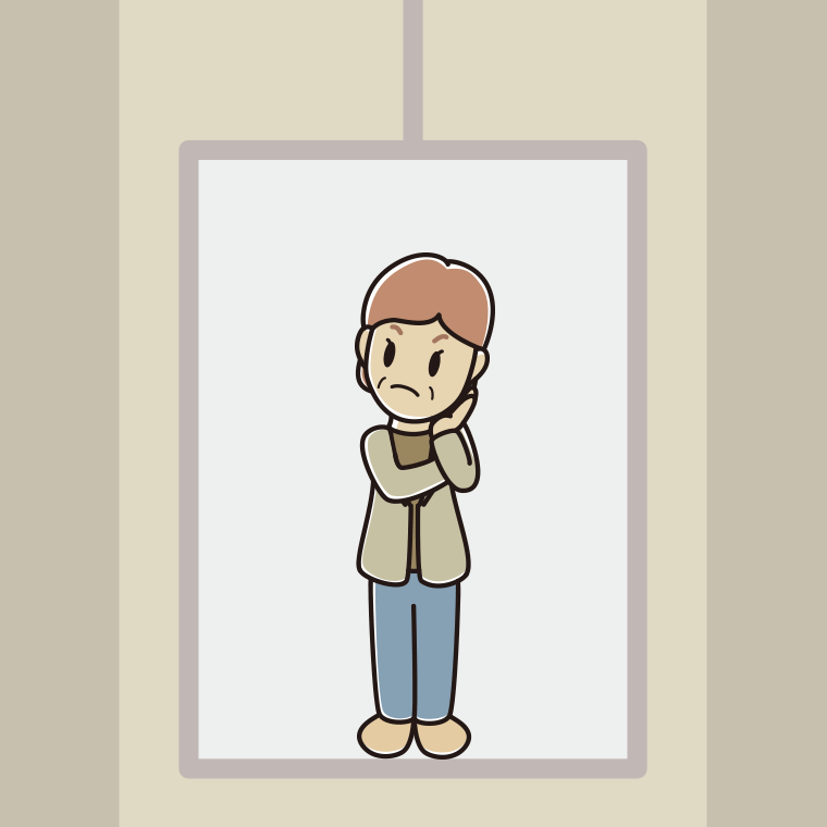 エレベーターで考える年配女性会社員（カジュアル）のイラスト【色、背景あり】PNG