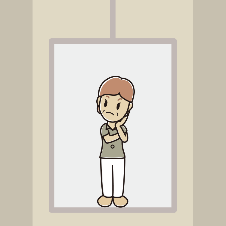 エレベーターで考える年配女性会社員（クールビズ）のイラスト【色、背景あり】PNG