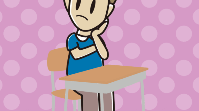 教室の席で考える男性のイラスト【色、背景あり】PNG