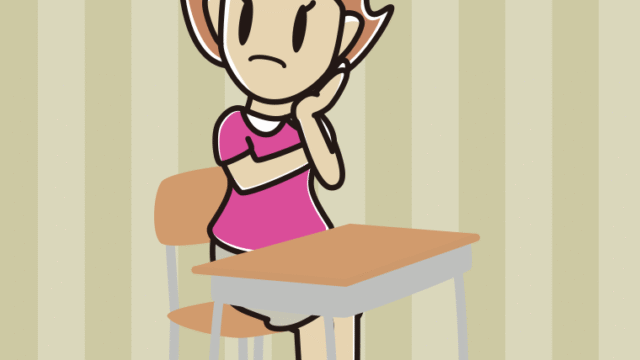 教室の席で考える女性のイラスト【色、背景あり】PNG