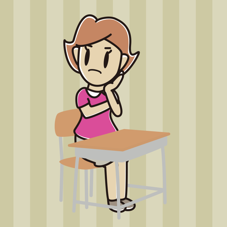 教室の席で考える女性のイラスト【色、背景あり】PNG