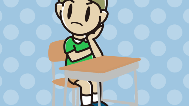 教室の席で考える小学生男子のイラスト【色、背景あり】PNG