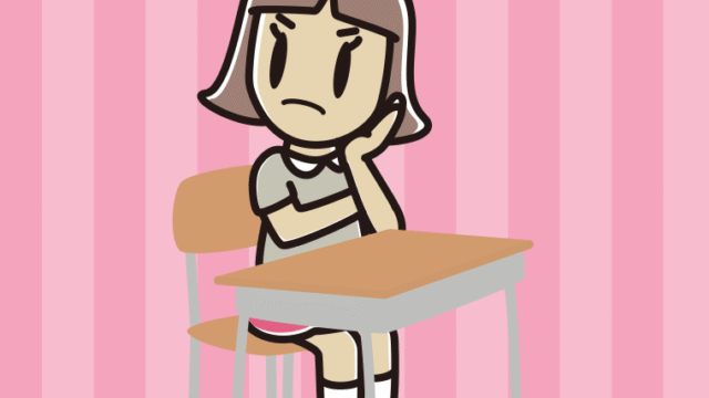 教室の席で考える小学生女子のイラスト【色、背景あり】PNG