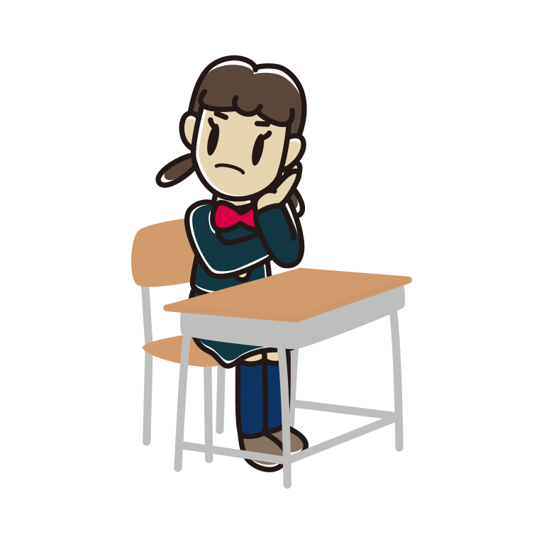 教室の席で考える女子中学生のイラスト【色あり、背景なし】透過PNG