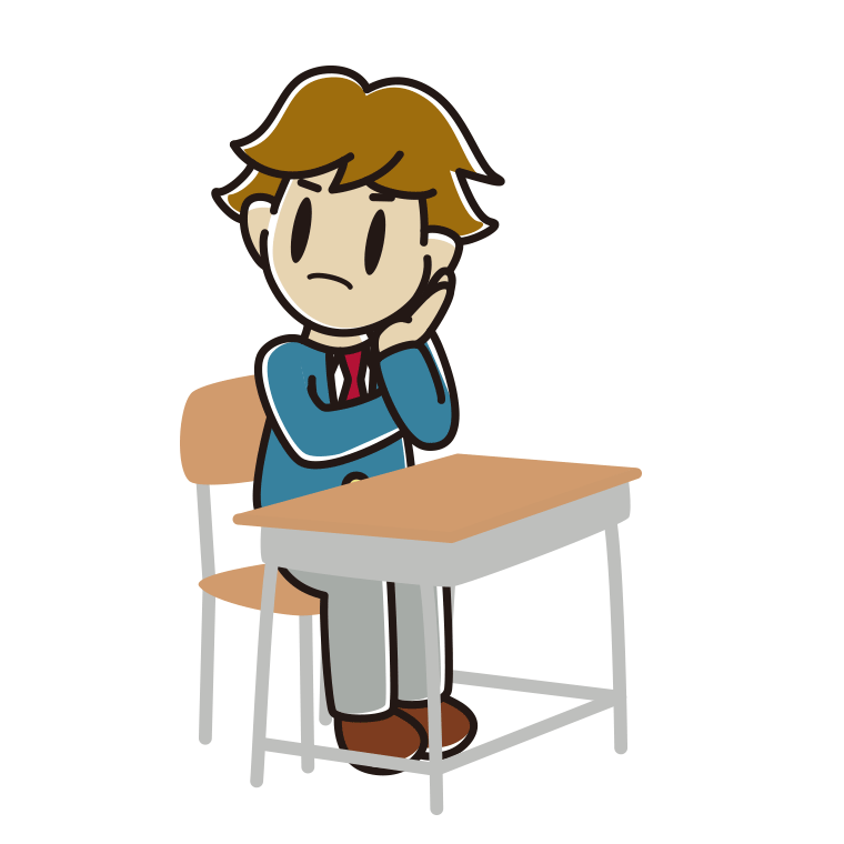 教室の席で考える男子高校生のイラスト【色あり、背景なし】透過PNG