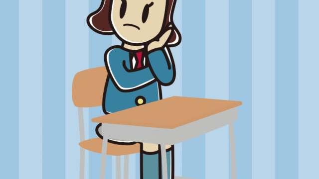 教室の席で考える女子高校生のイラスト【色、背景あり】PNG