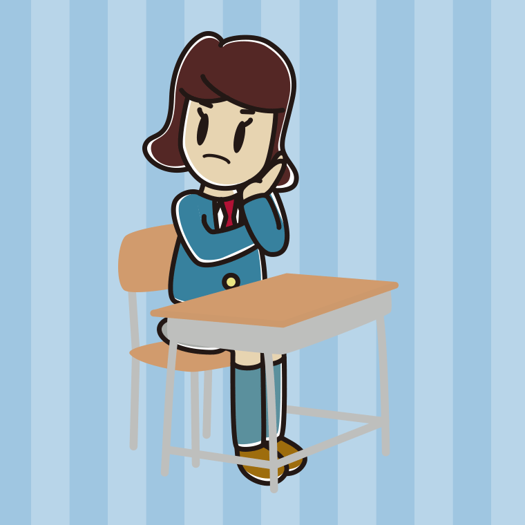 教室の席で考える女子高校生のイラスト【色、背景あり】PNG
