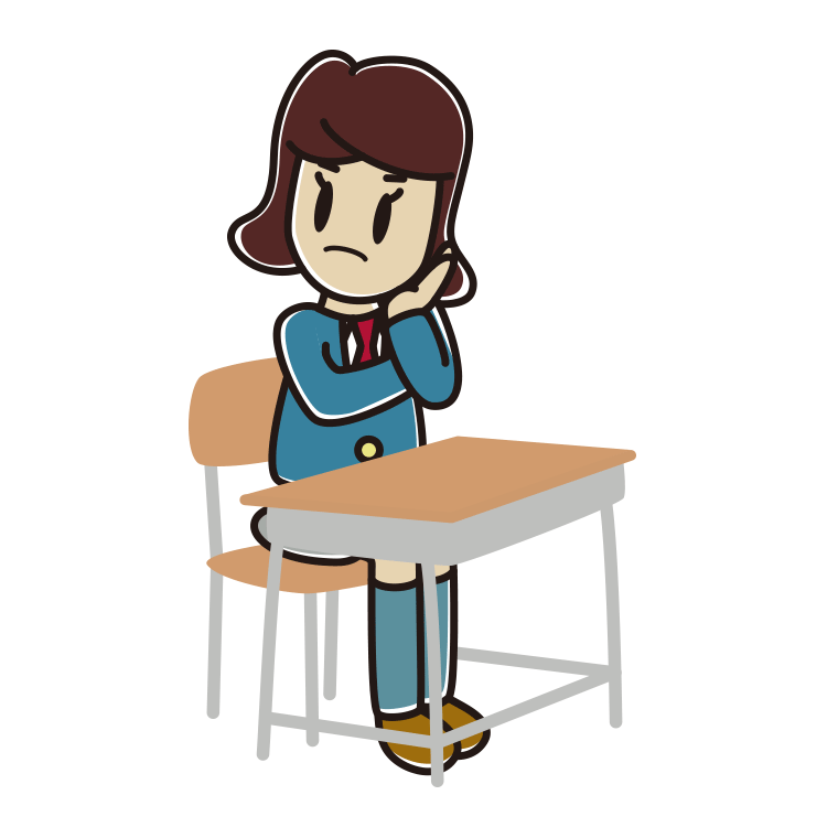 教室の席で考える女子高校生のイラスト【色あり、背景なし】透過PNG