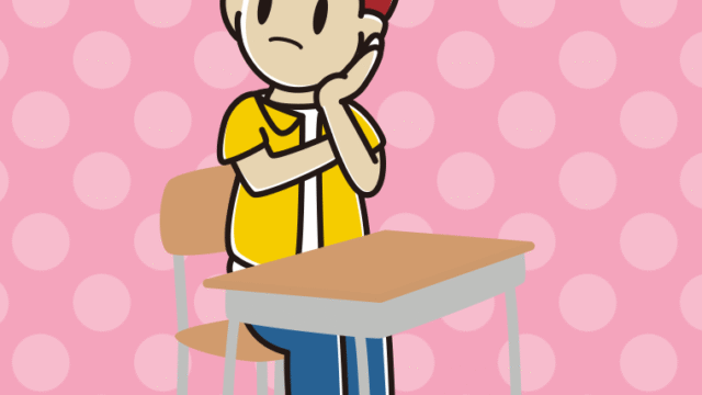 教室の席で考える男子大学生のイラスト【色、背景あり】PNG