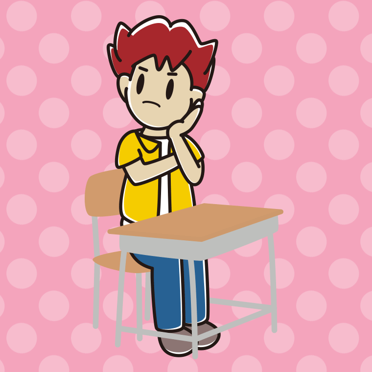 教室の席で考える男子大学生のイラスト【色、背景あり】PNG