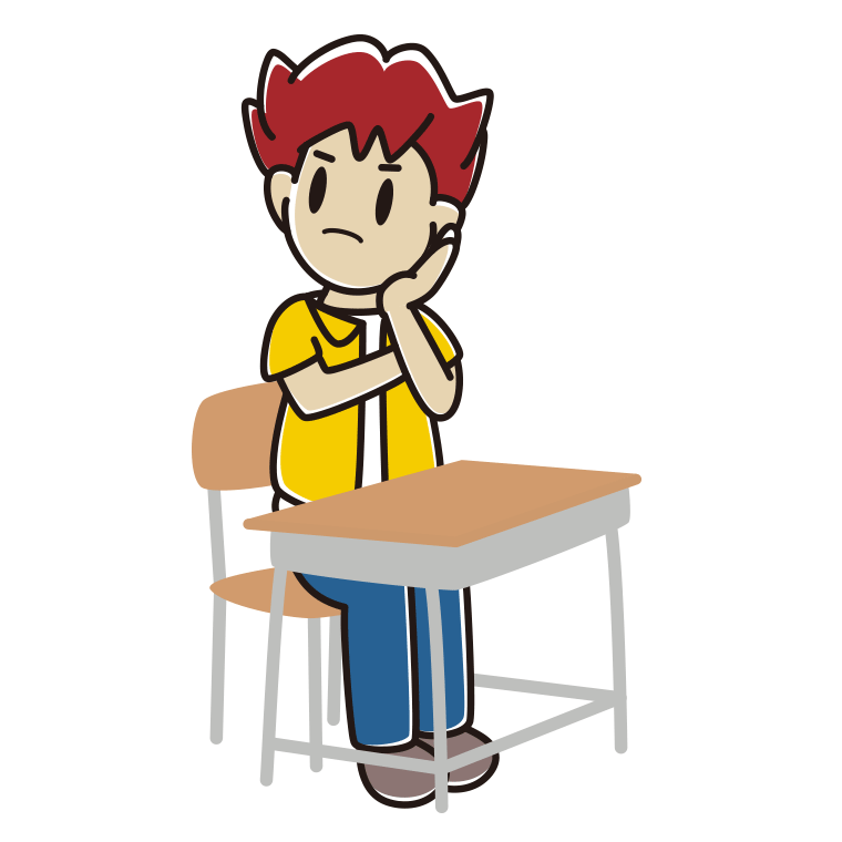 教室の席で考える男子大学生のイラスト【色あり、背景なし】透過PNG