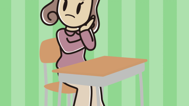 教室の席で考える女子大学生のイラスト【色、背景あり】PNG