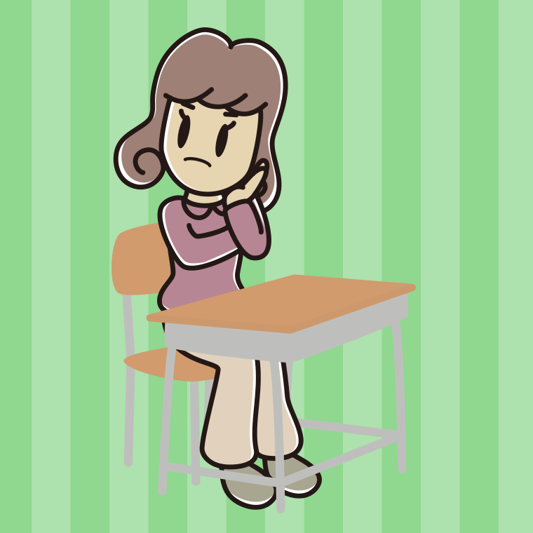 教室の席で考える女子大学生のイラスト【色、背景あり】PNG