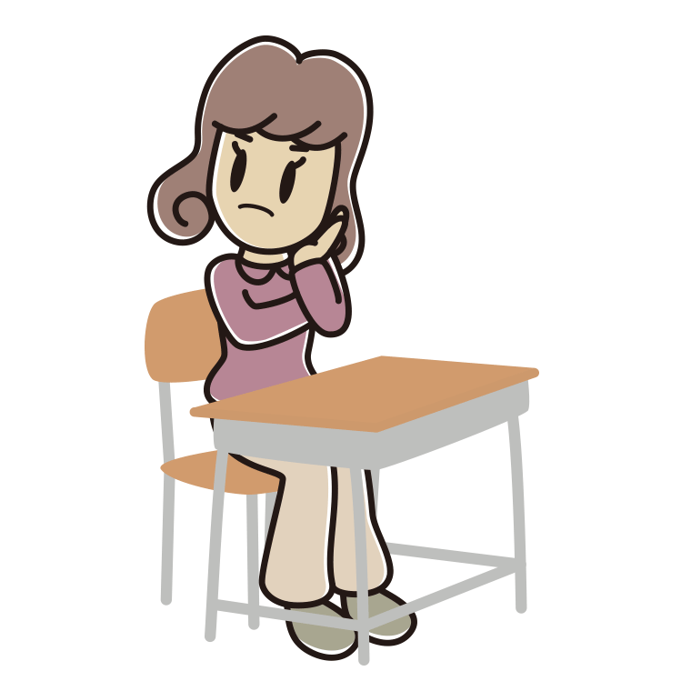 教室の席で考える女子大学生のイラスト【色あり、背景なし】透過PNG