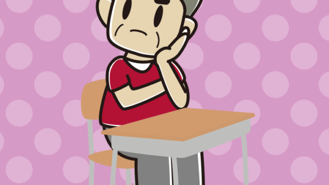 教室の席で考えるおじさんのイラスト【色、背景あり】PNG