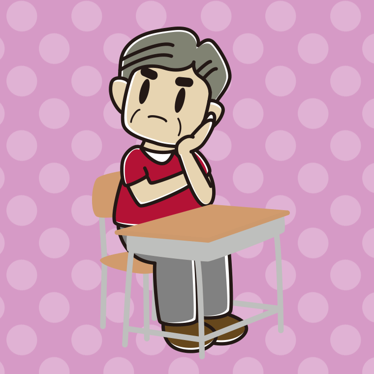 教室の席で考えるおじさんのイラスト【色、背景あり】PNG