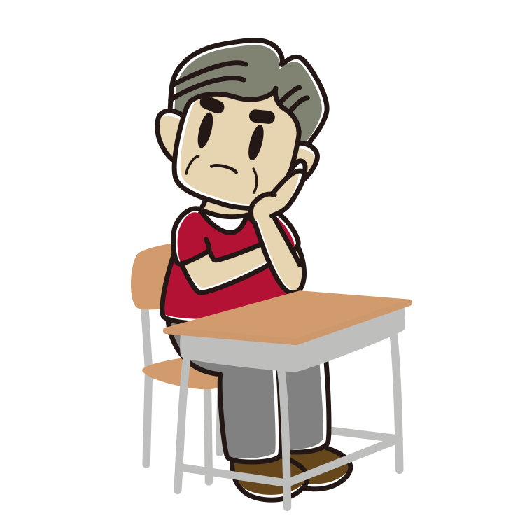 教室の席で考えるおじさんのイラスト【色あり、背景なし】透過PNG