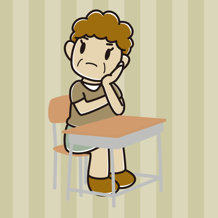教室の席で考えるおばさんのイラスト【色、背景あり】PNG