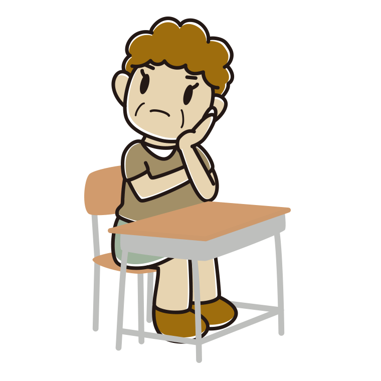 教室の席で考えるおばさんのイラスト【色あり、背景なし】透過PNG