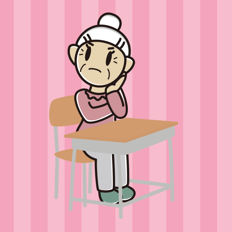 教室の席で考えるおばあさんのイラスト【色、背景あり】PNG