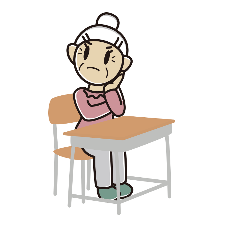 教室の席で考えるおばあさんのイラスト【色あり、背景なし】透過PNG