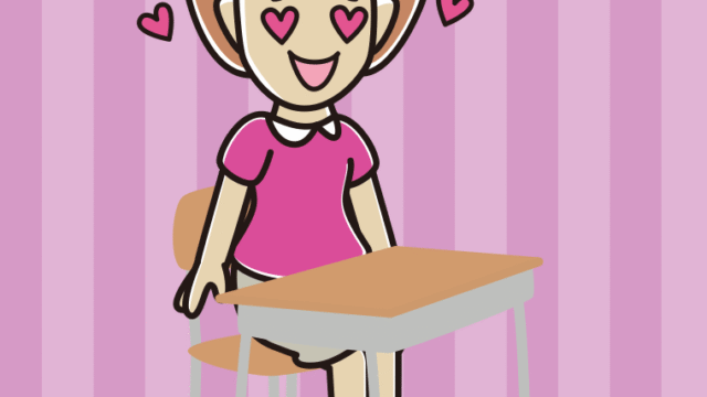教室の席で目がハートの女性のイラスト【色、背景あり】PNG