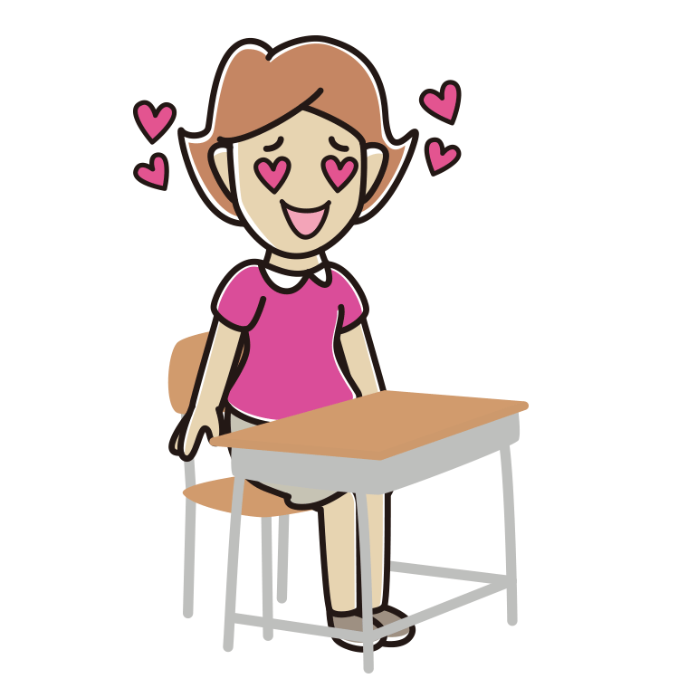 教室の席で目がハートの女性のイラスト【色あり、背景なし】透過PNG
