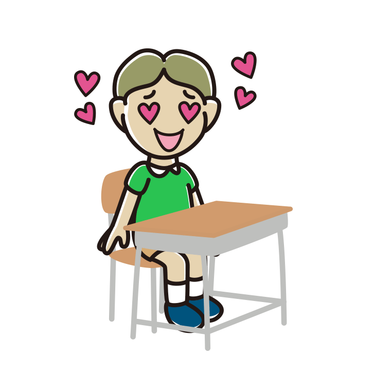 教室の席で目がハートの小学生男子のイラスト【色あり、背景なし】透過PNG