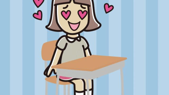 教室の席で目がハートの小学生女子のイラスト【色、背景あり】PNG