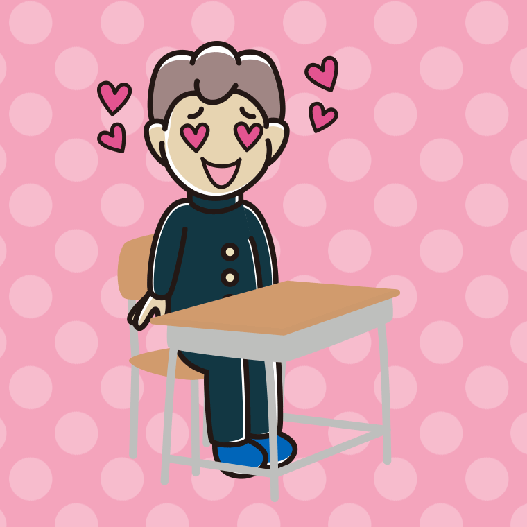 教室の席で目がハートの男子中学生のイラスト【色、背景あり】PNG