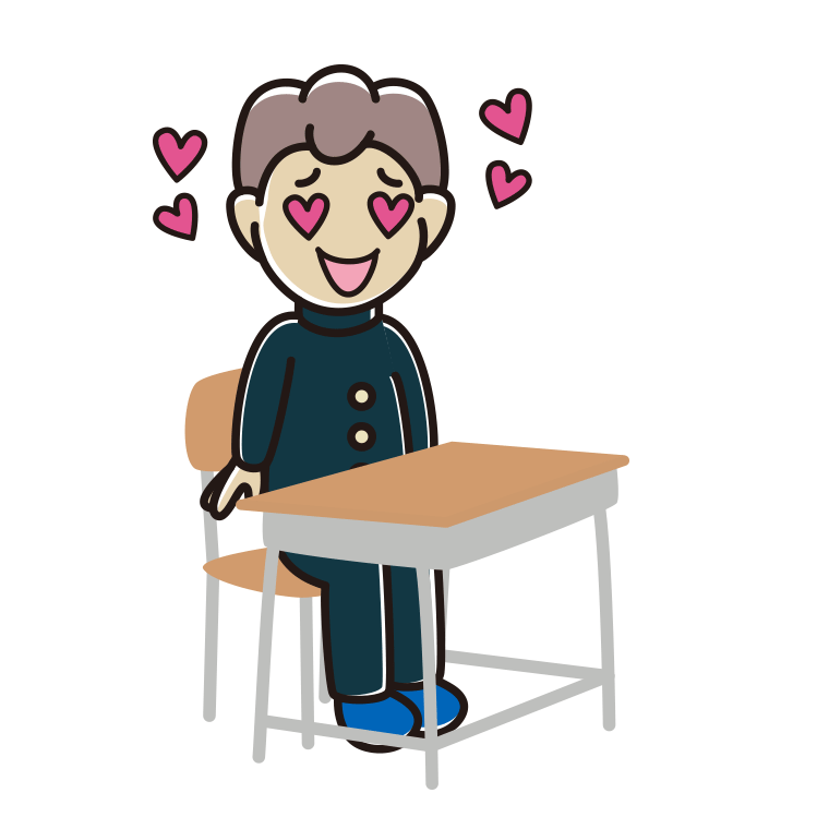 教室の席で目がハートの男子中学生のイラスト【色あり、背景なし】透過PNG