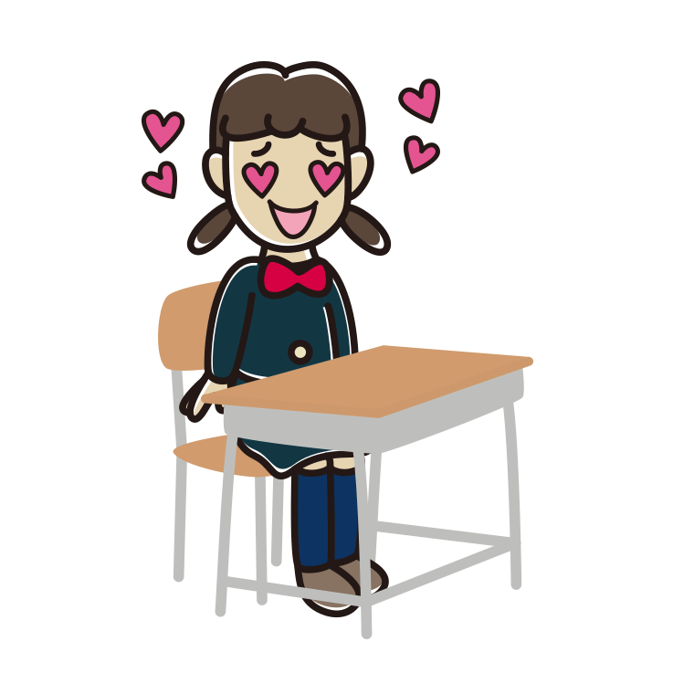 教室の席で目がハートの女子中学生のイラスト【色あり、背景なし】透過PNG