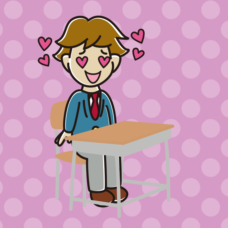 教室の席で目がハートの男子高校生のイラスト【色、背景あり】PNG