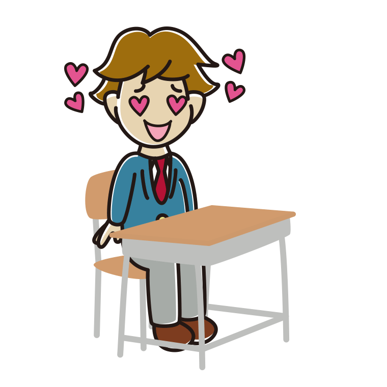 教室の席で目がハートの男子高校生のイラスト【色あり、背景なし】透過PNG