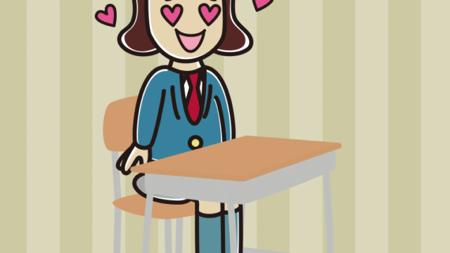 教室の席で目がハートの女子高校生のイラスト【色、背景あり】PNG