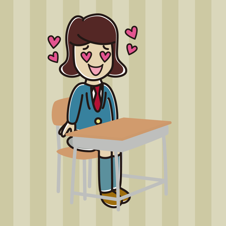 教室の席で目がハートの女子高校生のイラスト【色、背景あり】PNG