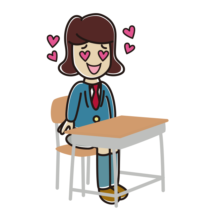 教室の席で目がハートの女子高校生のイラスト【色あり、背景なし】透過PNG