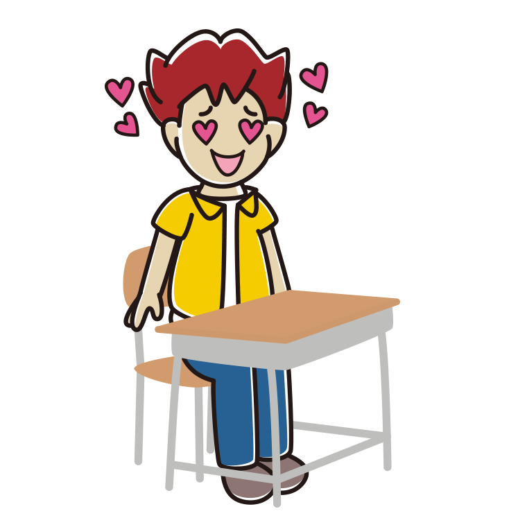 教室の席で目がハートの男子大学生のイラスト【色あり、背景なし】透過PNG