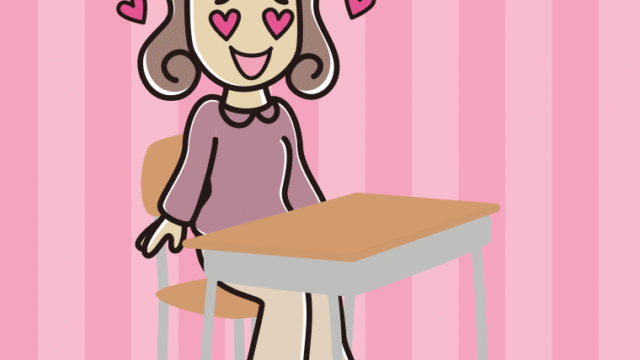 教室の席で目がハートの女子大学生のイラスト【色、背景あり】PNG