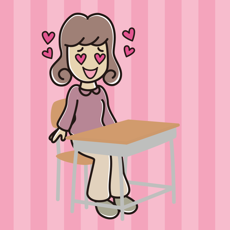 教室の席で目がハートの女子大学生のイラスト【色、背景あり】PNG