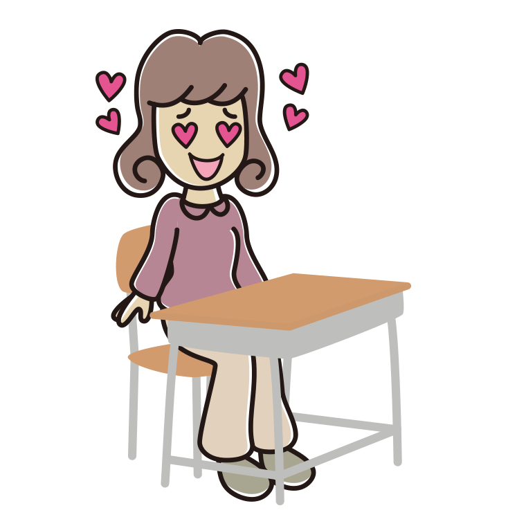 教室の席で目がハートの女子大学生のイラスト【色あり、背景なし】透過PNG