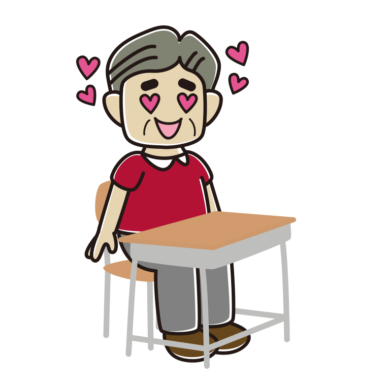教室の席で目がハートのおじさんのイラスト【色あり、背景なし】透過PNG